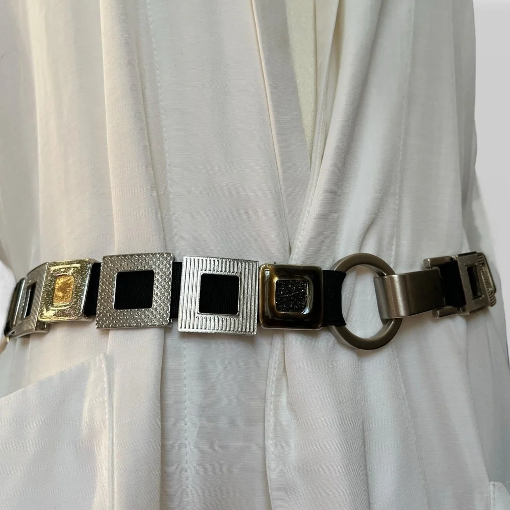 Y2K Metal Geometric Links Belt Carabiner O ring Buckle Stretchy Glitter Silver M